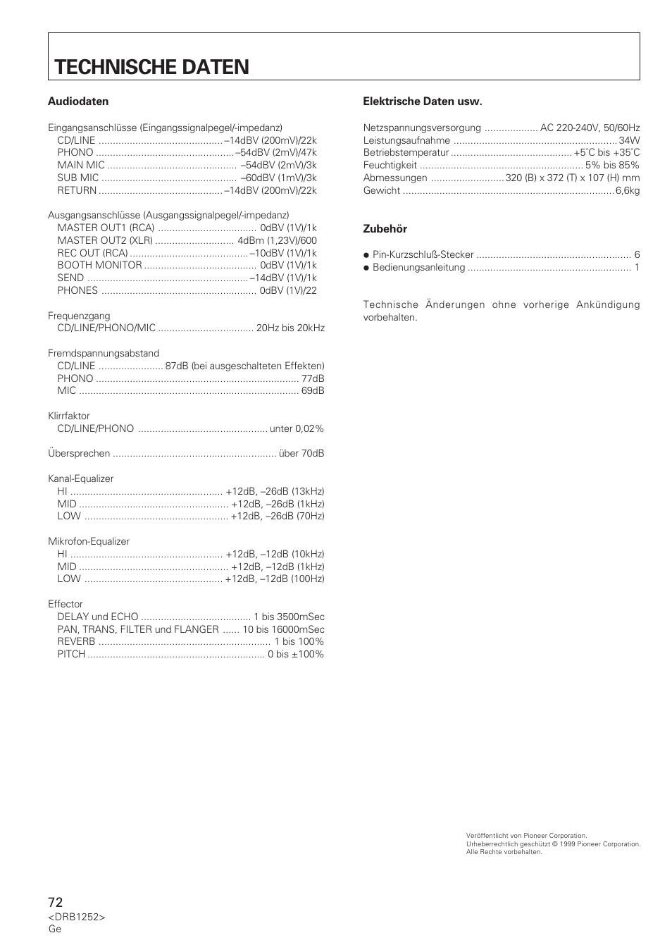 Technische daten | Pioneer DJM-600 User Manual | Page 72 / 110