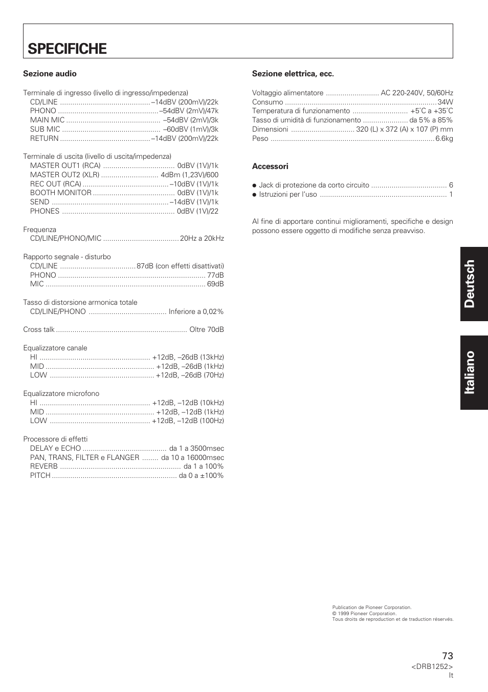 Specifiche, Deutsch italiano | Pioneer DJM-600 User Manual | Page 73 / 110