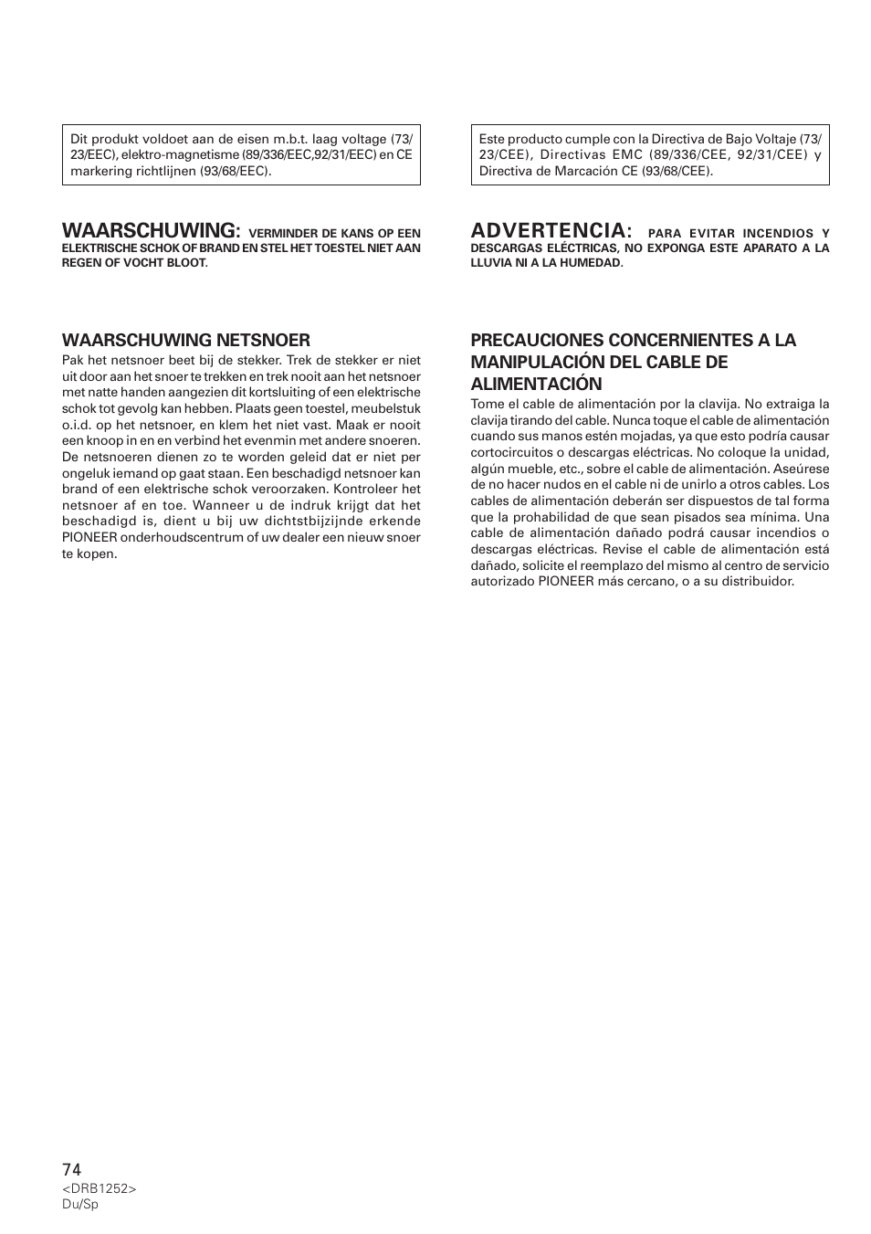 Waarschuwing, Advertencia | Pioneer DJM-600 User Manual | Page 74 / 110