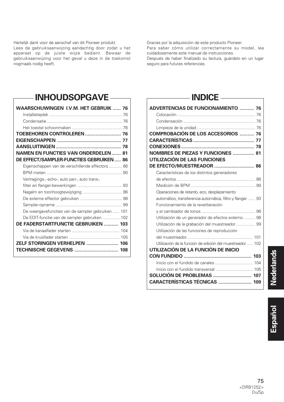 Inhoudsopgave, Indice, Nederlands español | Pioneer DJM-600 User Manual | Page 75 / 110