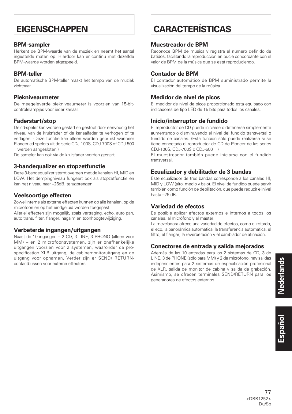Eigenschappen, Características, Nederlands español | Pioneer DJM-600 User Manual | Page 77 / 110