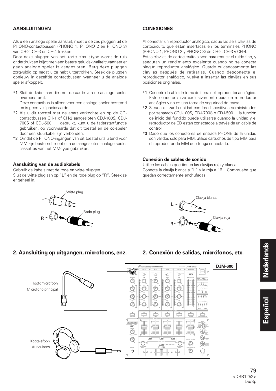 Nederlands español, Aansluiting op uitgangen, microfoons, enz, Conexión de salidas, micrófonos, etc | Aansluitingen, Aansluiting van de audiokabels, Conexión de cables de sonido, Conexiones, Drb1252> du/sp, Parameter 1, Parameter 2 | Pioneer DJM-600 User Manual | Page 79 / 110