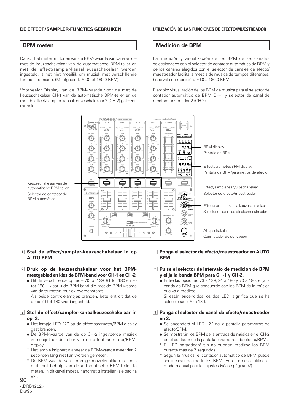 Bpm meten, Medición de bpm, Drb1252> du/sp | Djm-600 | Pioneer DJM-600 User Manual | Page 90 / 110