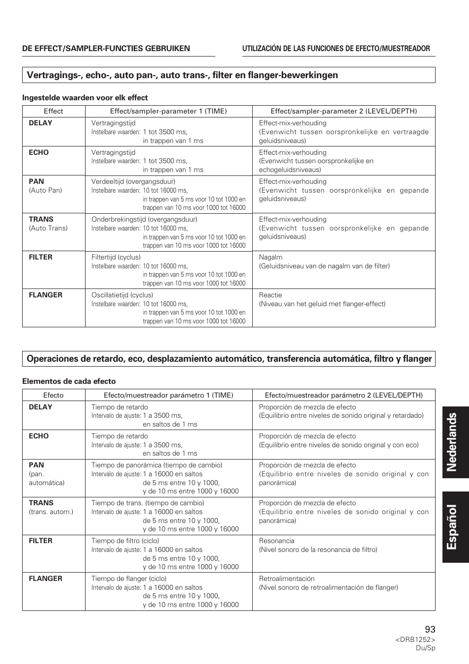 Vertragings-, echo-, auto pan-, auto trans, Filter en flanger-bewerkingen, Operaciones de retardo, eco, desplazamiento | Nederlands español | Pioneer DJM-600 User Manual | Page 93 / 110