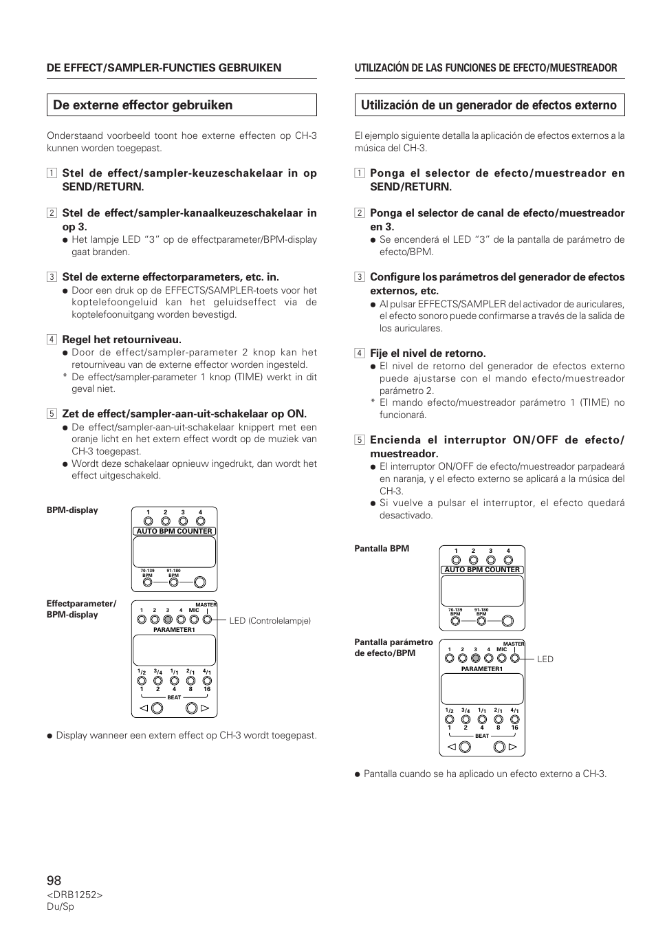 De externe effector gebruiken, Utilización de un generador de efectos externo, 3 stel de externe effectorparameters, etc. in | 4 regel het retourniveau, 5 zet de effect/sampler-aan-uit-schakelaar op on, 4 fije el nivel de retorno | Pioneer DJM-600 User Manual | Page 98 / 110