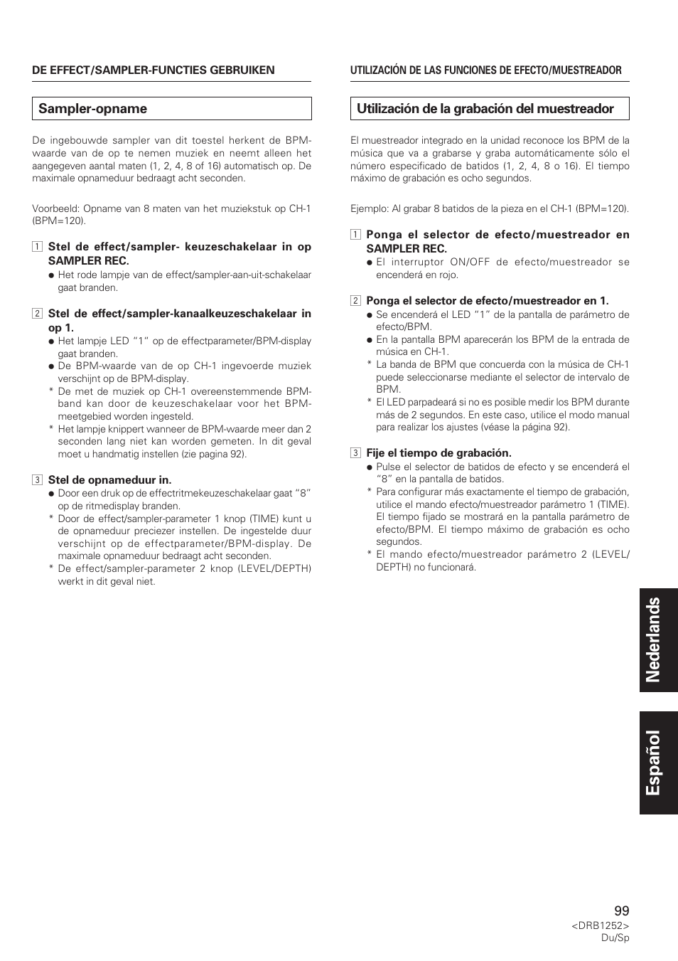 Sampler-opname, Utilización de la grabación del muestreador, Nederlands español | Pioneer DJM-600 User Manual | Page 99 / 110