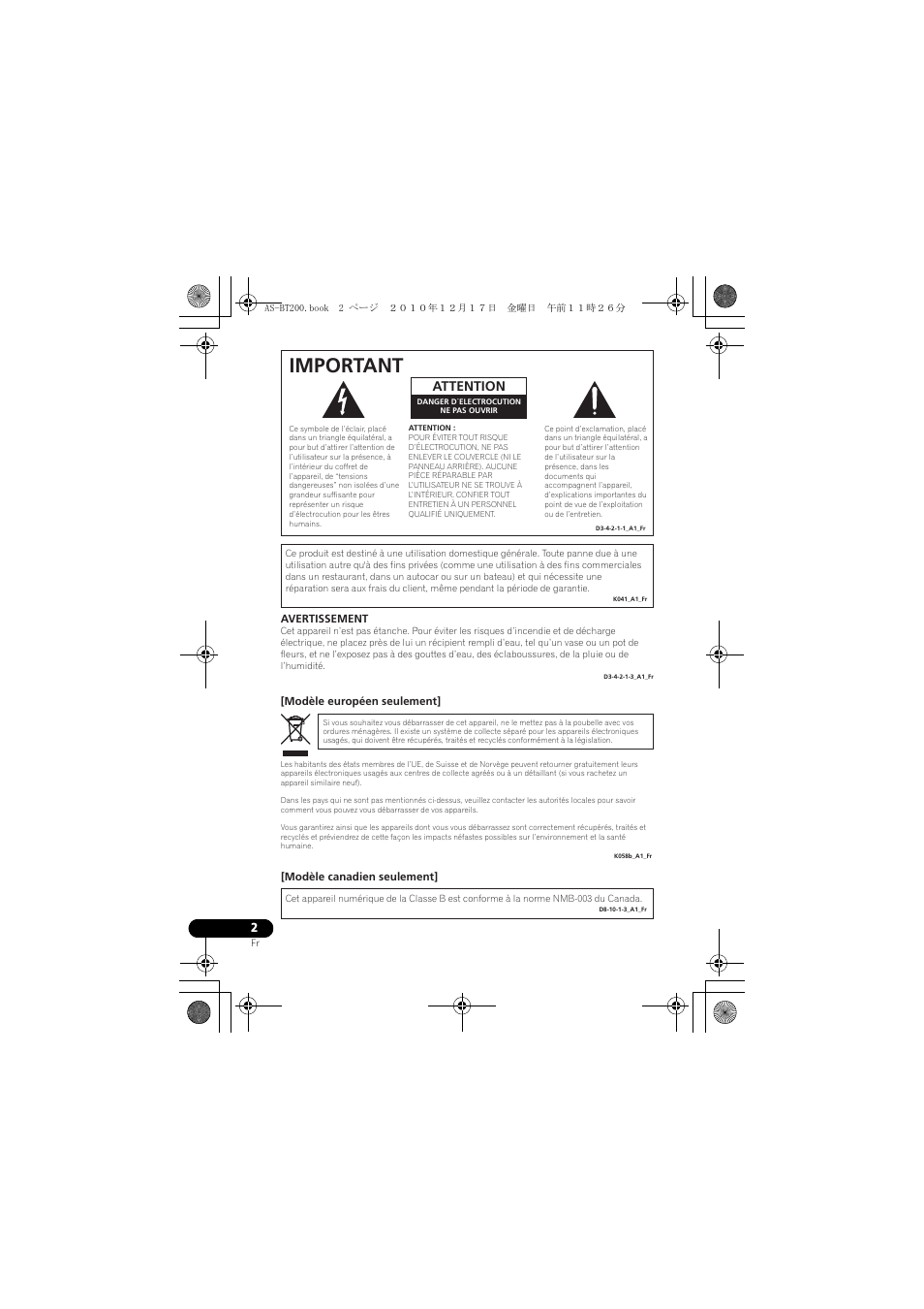 Adaptateur bluetooth, Mode d’emploi, Important | Attention | Pioneer AS-BT200 User Manual | Page 10 / 60