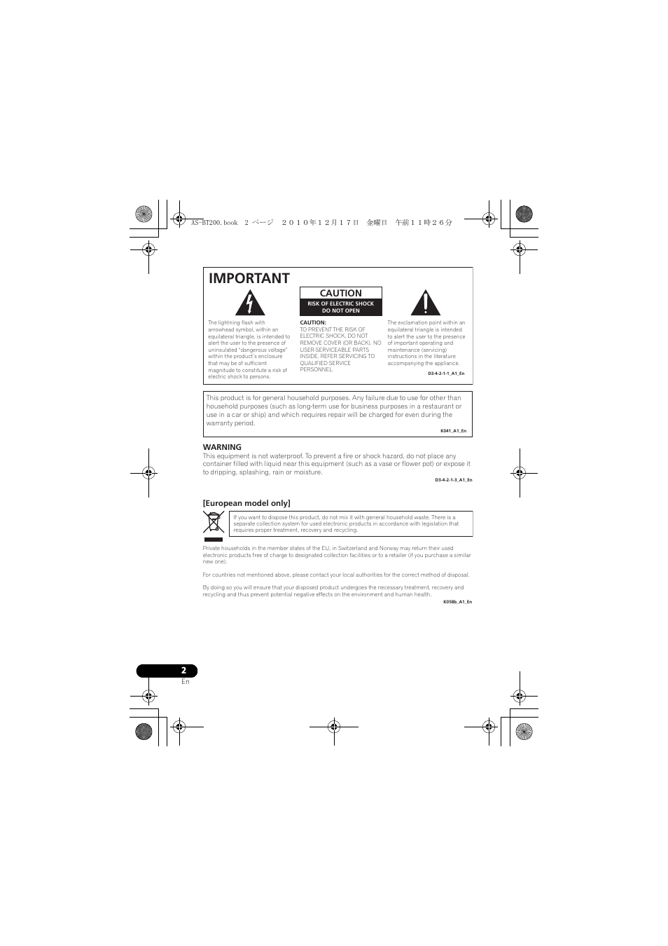 Bluetooth, Adapter, Operating instructions | Important, Caution | Pioneer AS-BT200 User Manual | Page 2 / 60