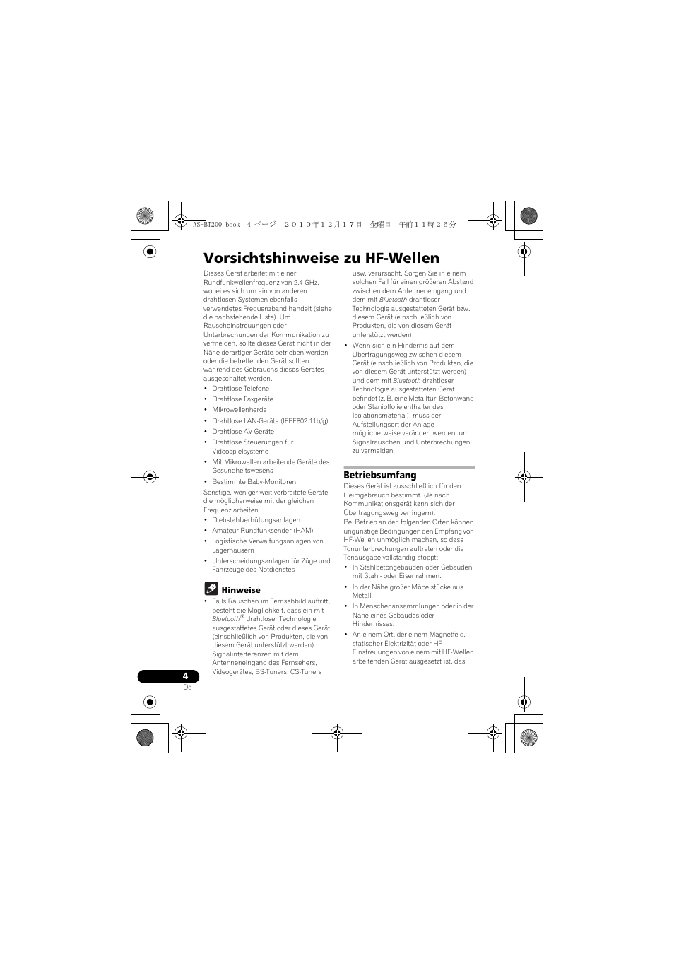 Vorsichtshinweise zu hf-wellen, Betriebsumfang | Pioneer AS-BT200 User Manual | Page 20 / 60