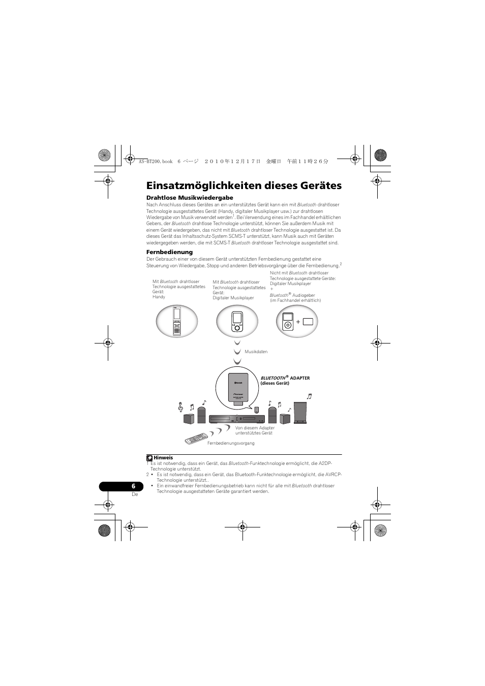 Einsatzmöglichkeiten dieses gerätes | Pioneer AS-BT200 User Manual | Page 22 / 60