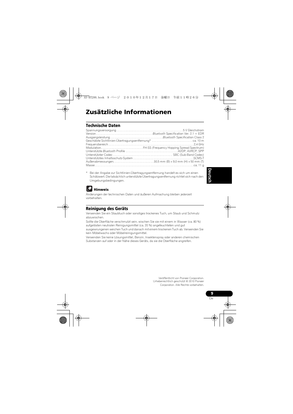 Zusätzliche informationen | Pioneer AS-BT200 User Manual | Page 25 / 60