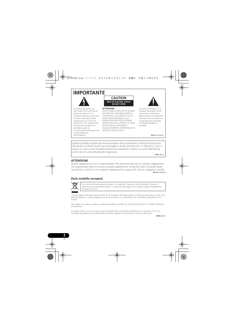 Adattatore bluetooth, Istruzioni per l’uso, Importante | Caution | Pioneer AS-BT200 User Manual | Page 26 / 60