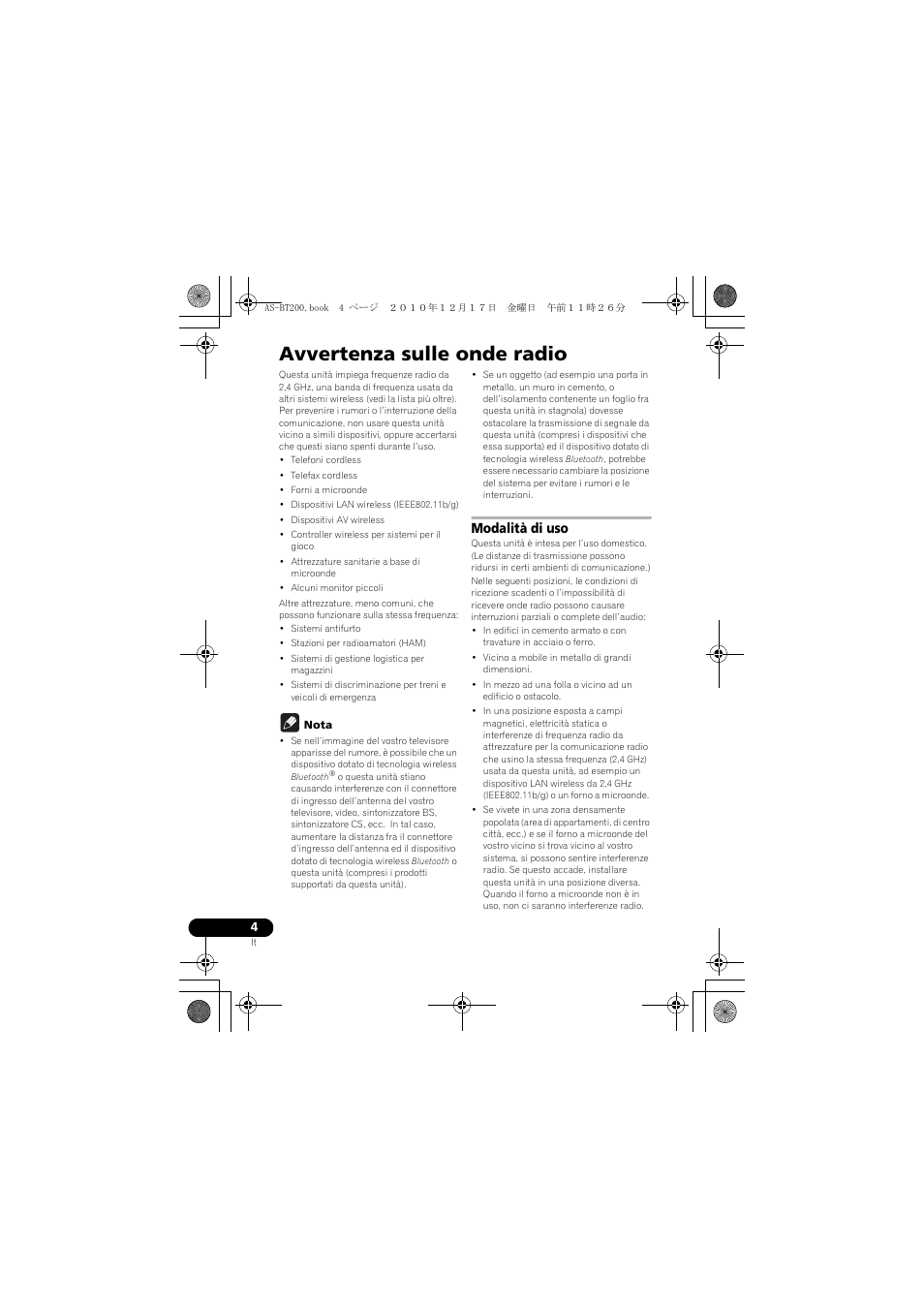 Avvertenza sulle onde radio, Modalità di uso | Pioneer AS-BT200 User Manual | Page 28 / 60