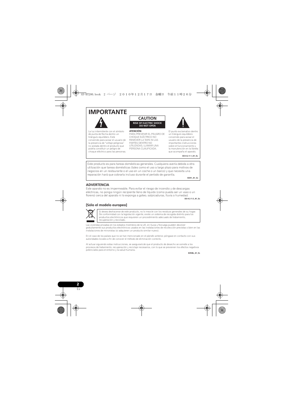 Adaptador bluetooth, Manual de instrucciones, Importante | Caution | Pioneer AS-BT200 User Manual | Page 42 / 60