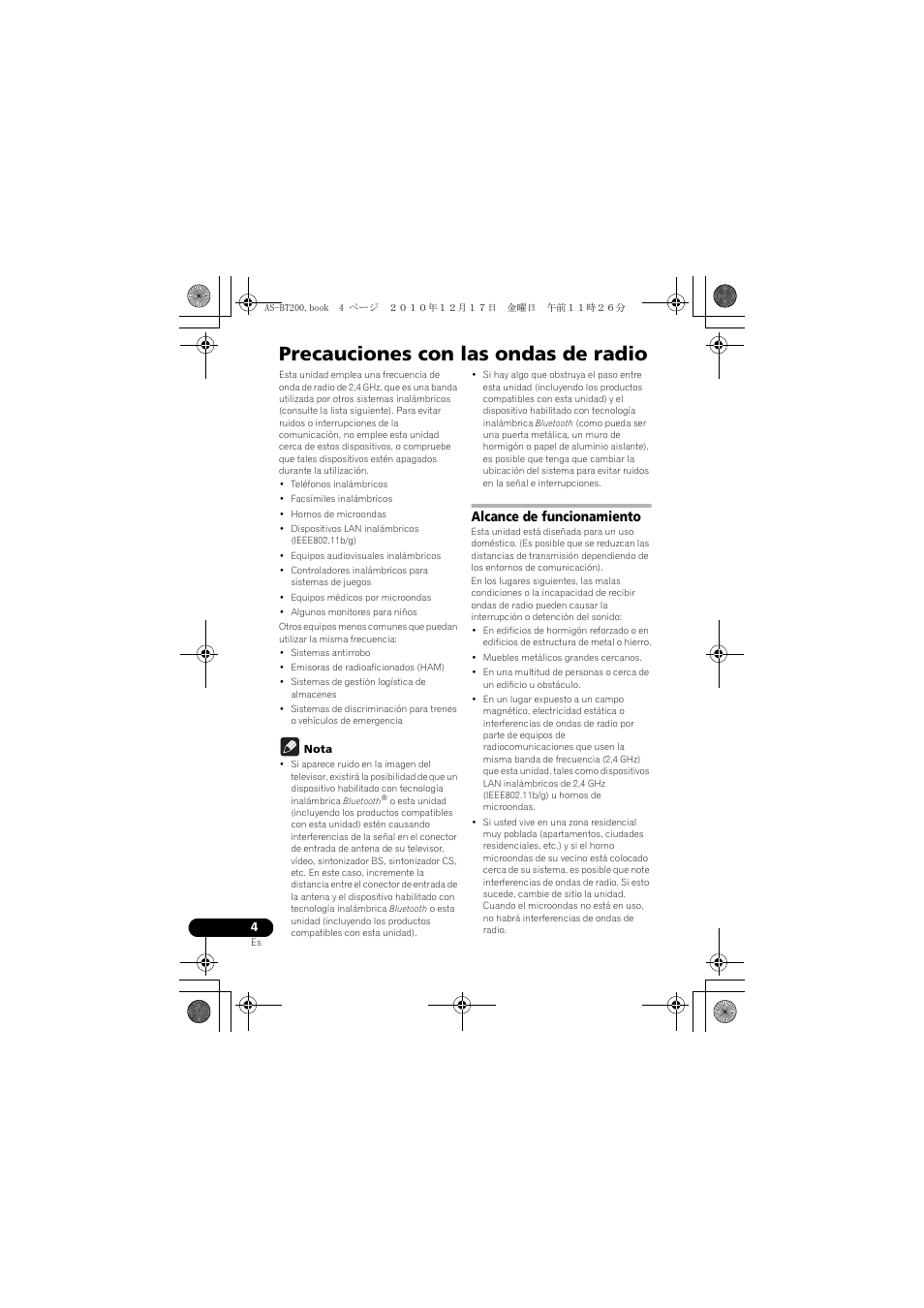 Precauciones con las ondas de radio, Alcance de funcionamiento | Pioneer AS-BT200 User Manual | Page 44 / 60