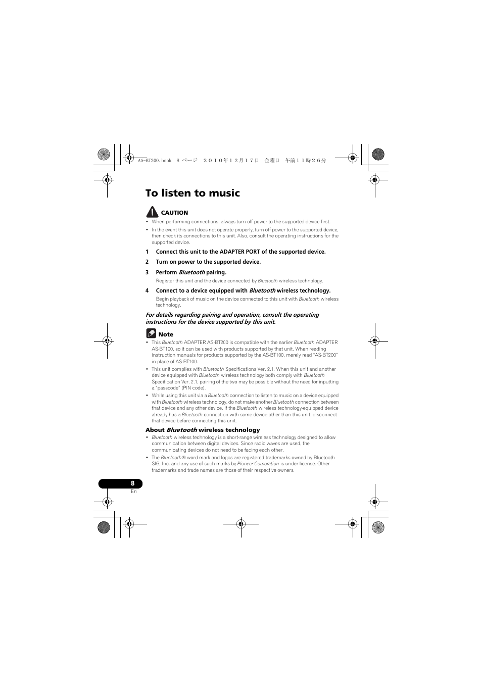 Pioneer AS-BT200 User Manual | Page 8 / 60