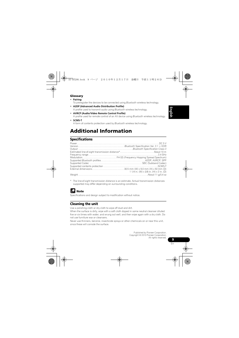 Additional information, Specifications, Cleaning the unit | Pioneer AS-BT200 User Manual | Page 9 / 60