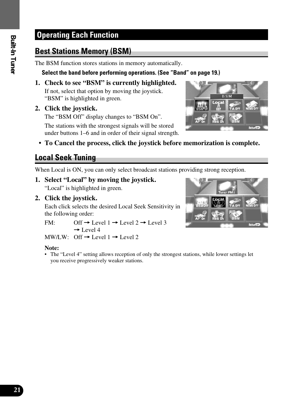 Operating each function, Best stations memory (bsm) • local seek tuning, Local seek tuning | Pioneer AVM-P8000R User Manual | Page 22 / 100