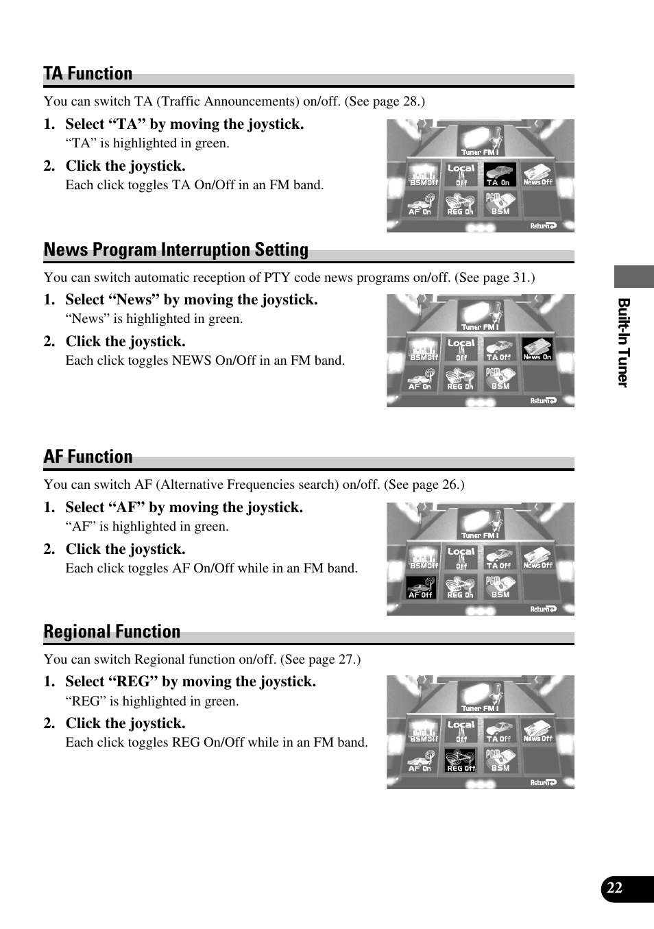 Ta function, News program interruption setting, Af function | Regional function | Pioneer AVM-P8000R User Manual | Page 23 / 100