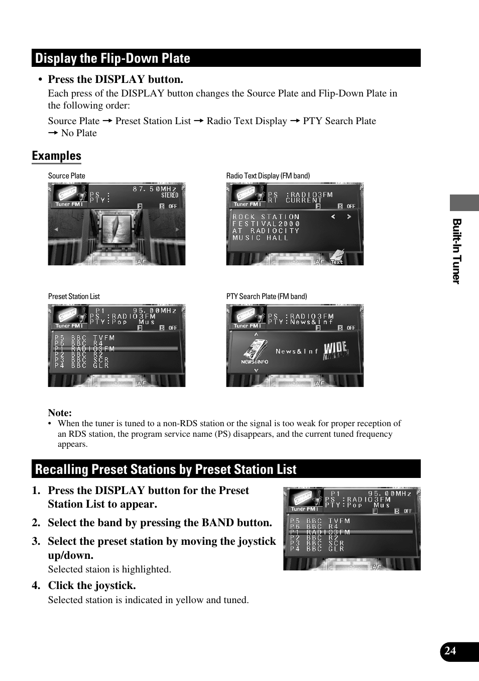 Station list, Display the flip-down plate, Recalling preset stations by preset station list | Examples | Pioneer AVM-P8000R User Manual | Page 25 / 100