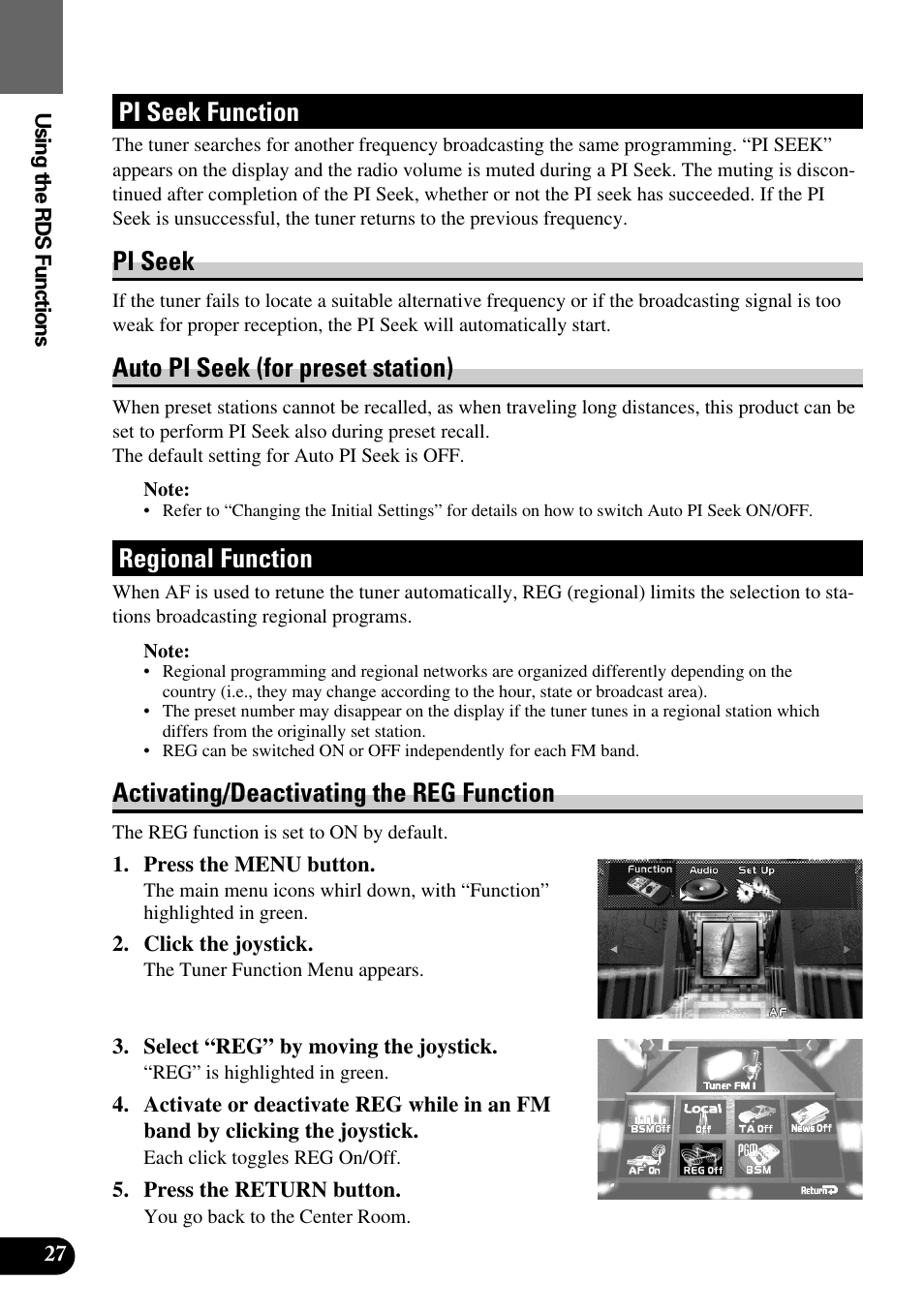 Pi seek function, Pi seek • auto pi seek (for preset station), Regional function | Activating/deactivating the reg function, Pi seek, Auto pi seek (for preset station) | Pioneer AVM-P8000R User Manual | Page 28 / 100