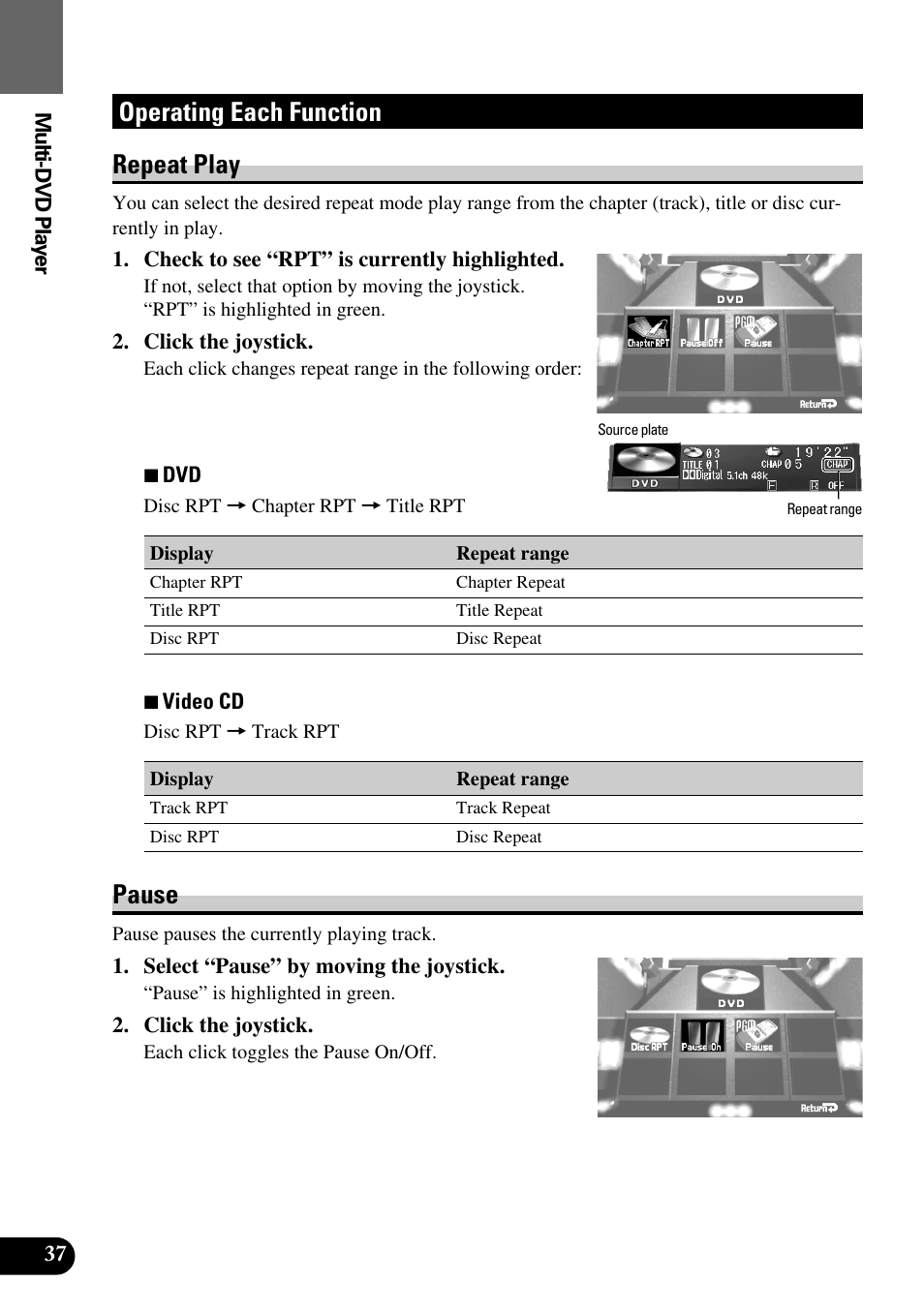 Operating each function, Repeat play • pause, Operating each function repeat play | Pause | Pioneer AVM-P8000R User Manual | Page 38 / 100