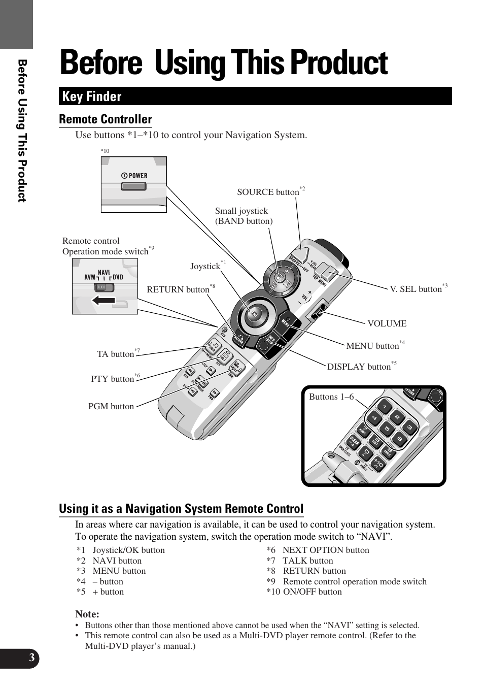 Before using this product, Key finder, Remote controller | Using it as a navigation system remote control | Pioneer AVM-P8000R User Manual | Page 4 / 100