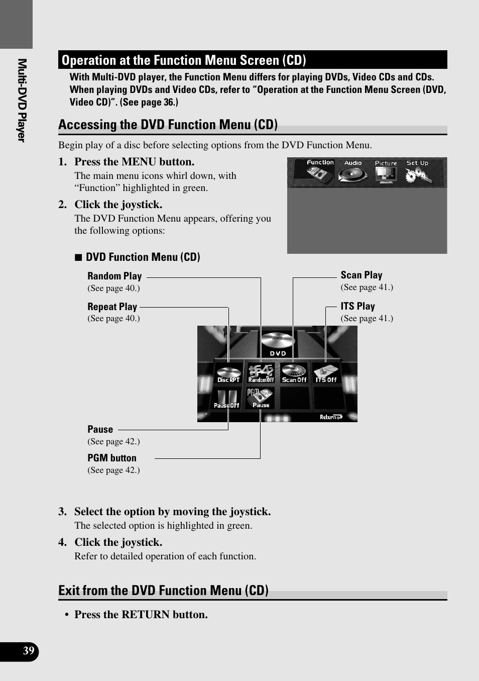 Operation at the function menu screen (cd), Accessing the dvd function menu (cd), Exit from the dvd function menu (cd) | Pioneer AVM-P8000R User Manual | Page 40 / 100