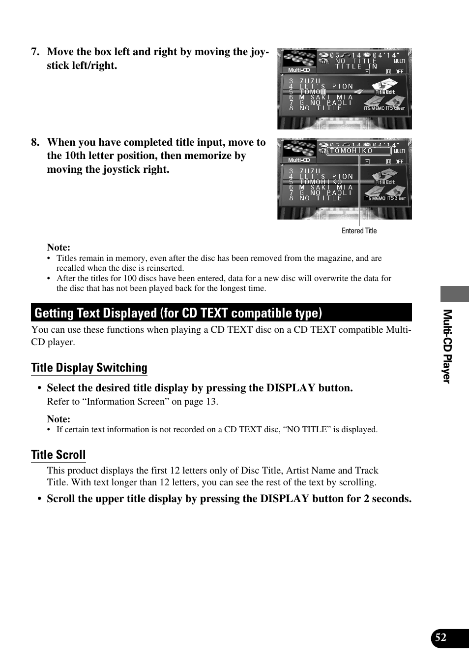 Getting text displayed, For cd text compatible type), Title display switching | Title scroll | Pioneer AVM-P8000R User Manual | Page 53 / 100