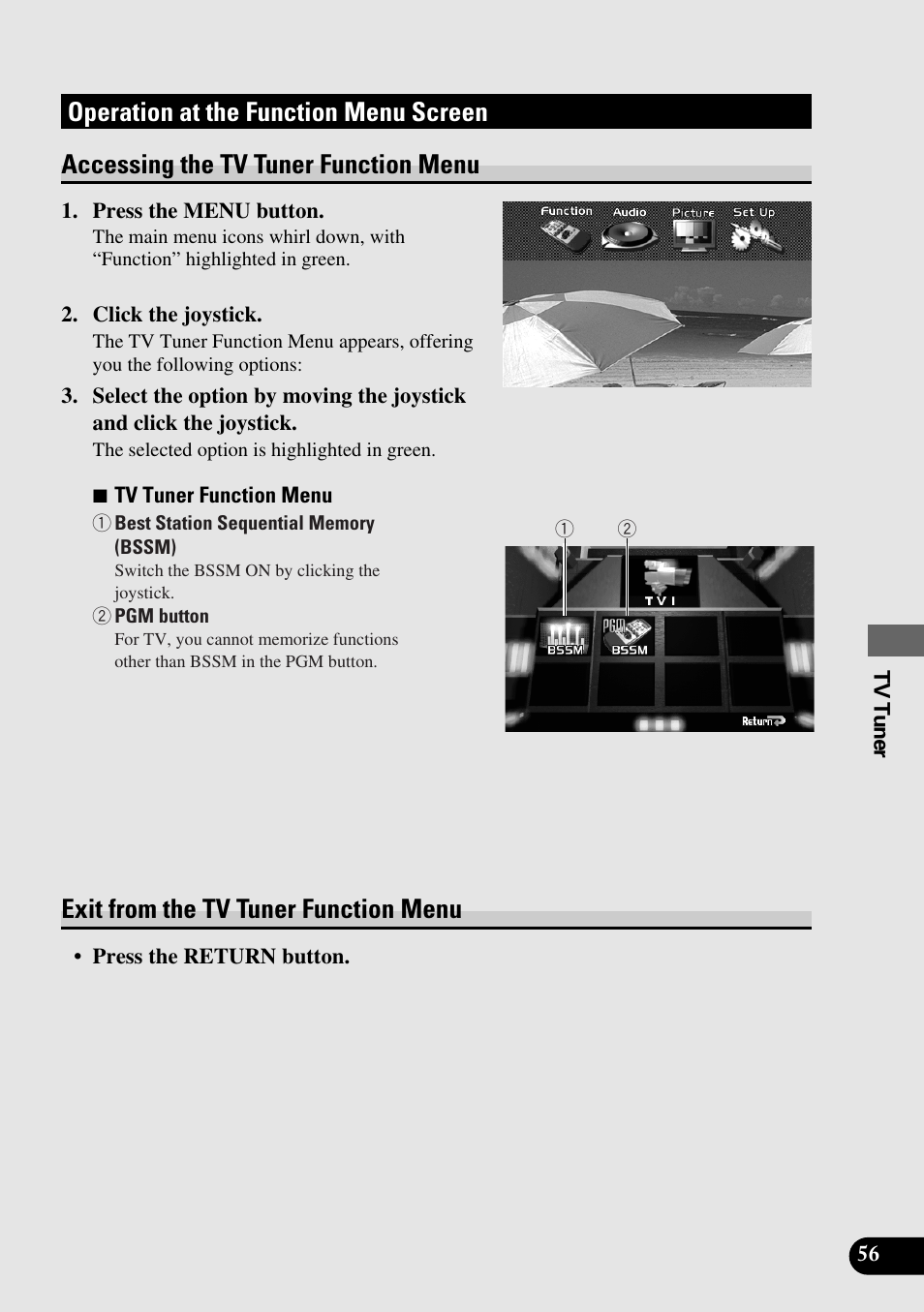 Operation at the function menu screen, Accessing the tv tuner function menu, Exit from the tv tuner function menu | Pioneer AVM-P8000R User Manual | Page 57 / 100