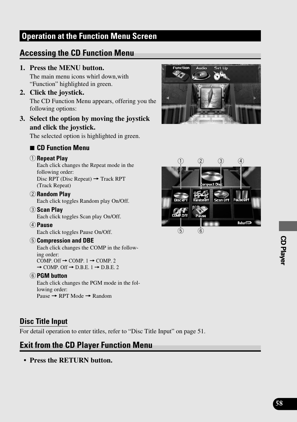 Operation at the function menu screen, Accessing the cd function menu, Exit from the cd player function menu | Disc title input | Pioneer AVM-P8000R User Manual | Page 59 / 100