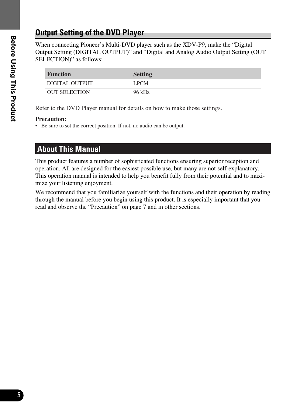 Output setting of the dvd player, About this manual | Pioneer AVM-P8000R User Manual | Page 6 / 100