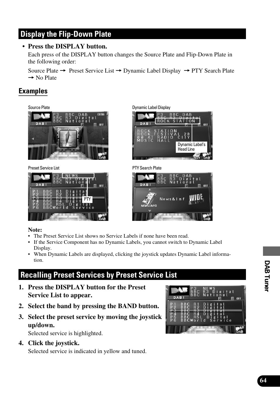 Display the flip-down plate, Recalling preset services by preset service list, Examples | Pioneer AVM-P8000R User Manual | Page 65 / 100