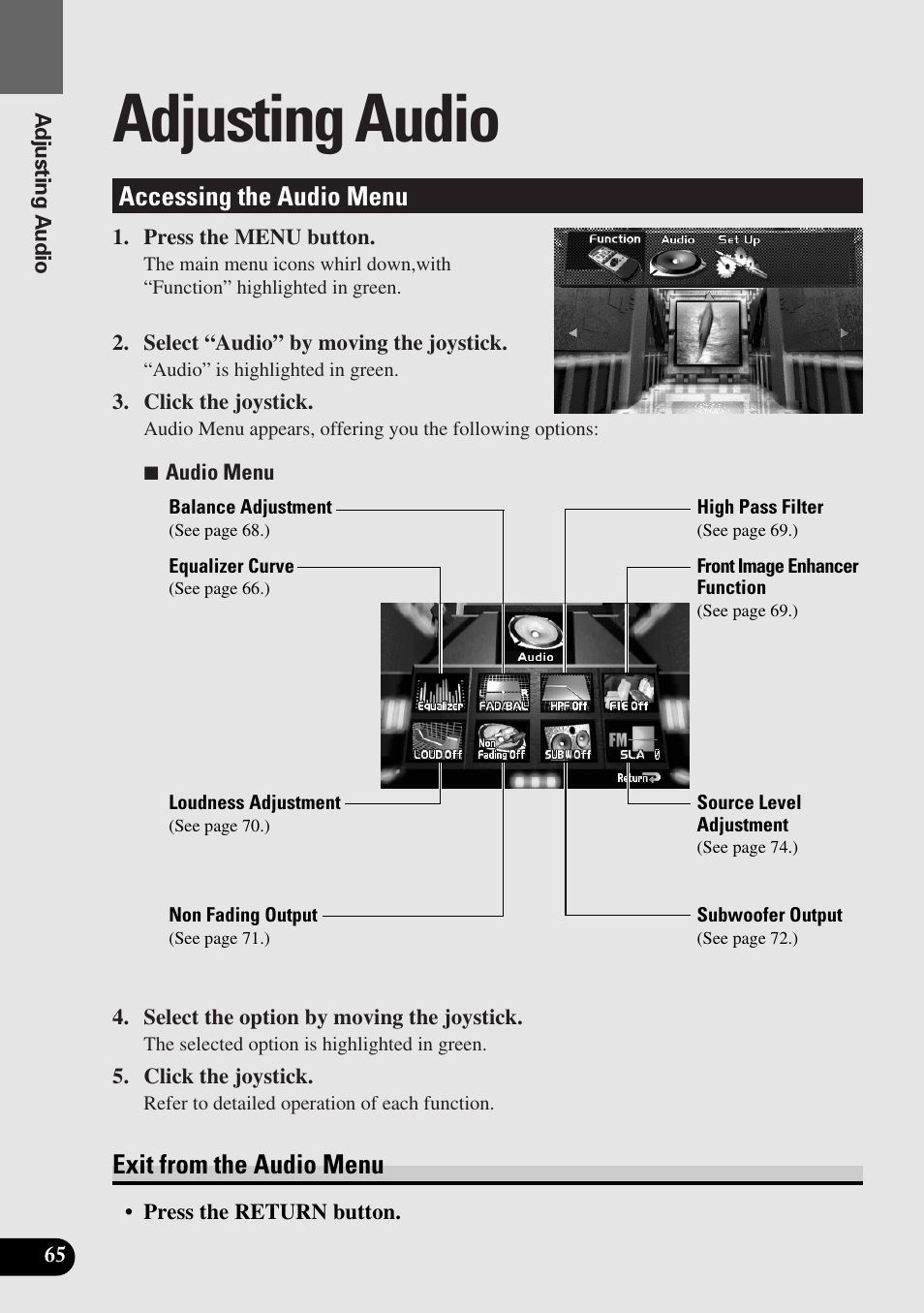 Adjusting audio, Accessing the audio menu, Exit from the audio menu | Pioneer AVM-P8000R User Manual | Page 66 / 100