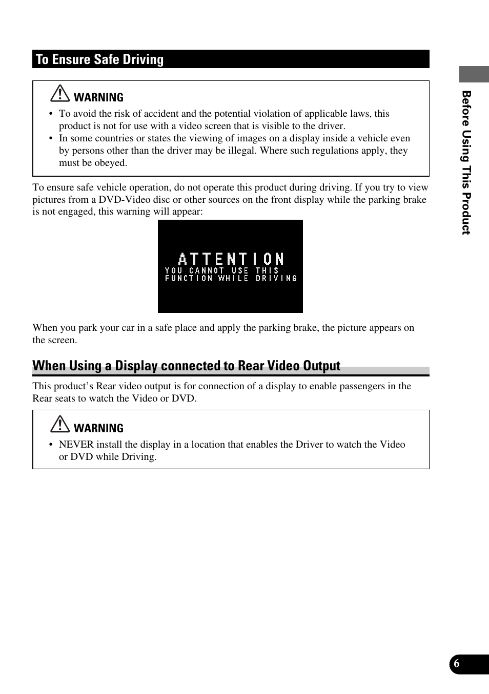 To ensure safe driving, When using a display connected to rear video, Output | Pioneer AVM-P8000R User Manual | Page 7 / 100