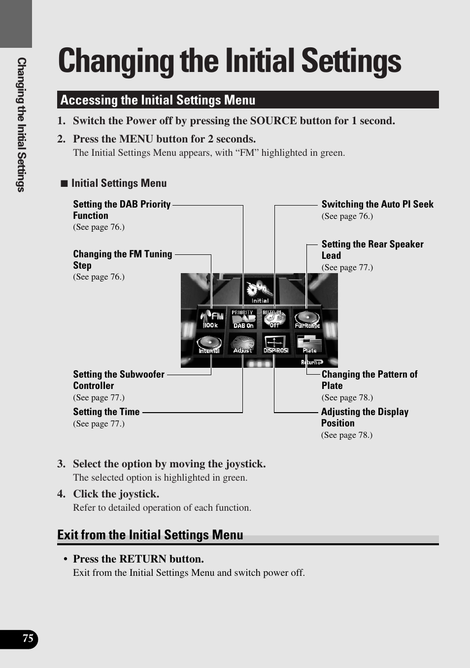 Changing the initial settings, Accessing the initial settings menu, Exit from the initial settings menu | Pioneer AVM-P8000R User Manual | Page 76 / 100