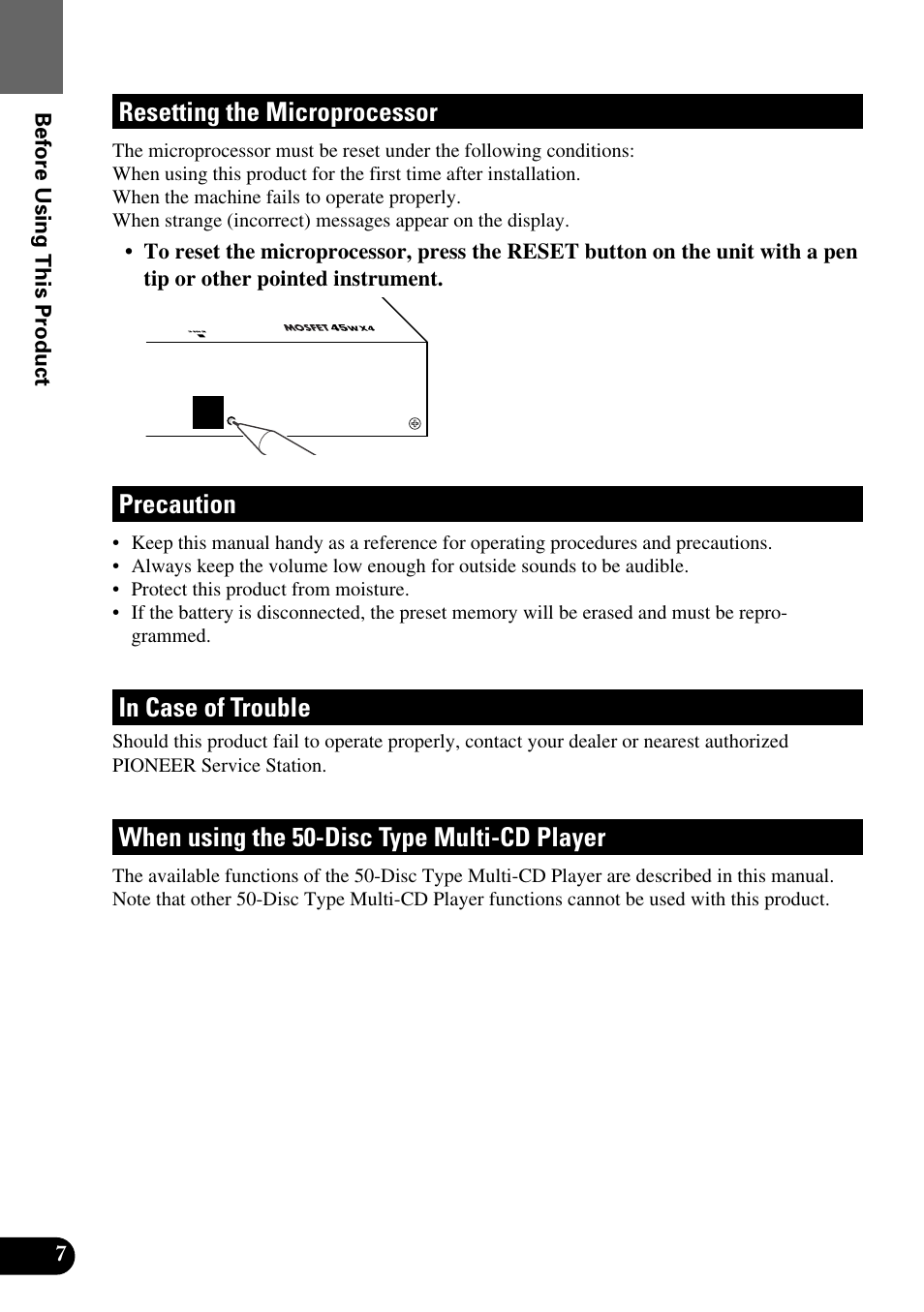 Resetting the microprocessor, Precaution, When using the 50-disc type multi-cd player | Pioneer AVM-P8000R User Manual | Page 8 / 100