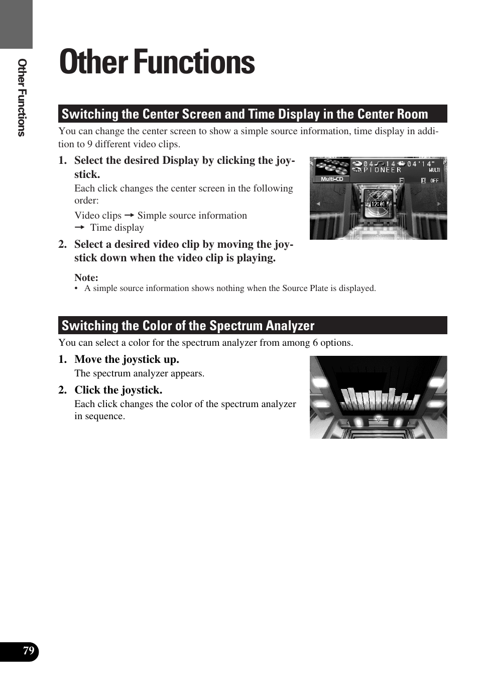 Other functions, Switching the center screen and, Time display in the center room | Switching the color of, The spectrum analyzer | Pioneer AVM-P8000R User Manual | Page 80 / 100