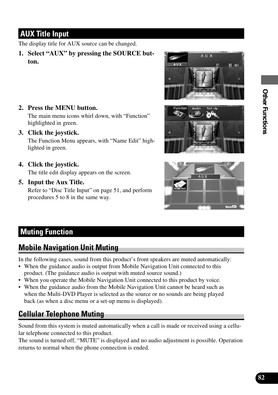 Aux title input muting function, Aux title input, Muting function mobile navigation unit muting | Cellular telephone muting | Pioneer AVM-P8000R User Manual | Page 83 / 100