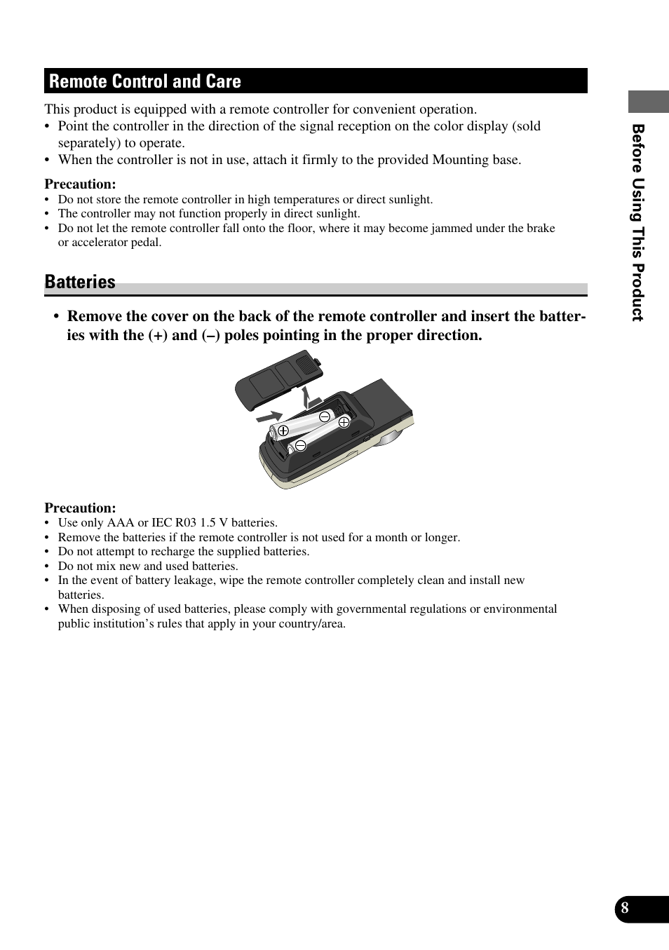 Remote control and care, Batteries | Pioneer AVM-P8000R User Manual | Page 9 / 100