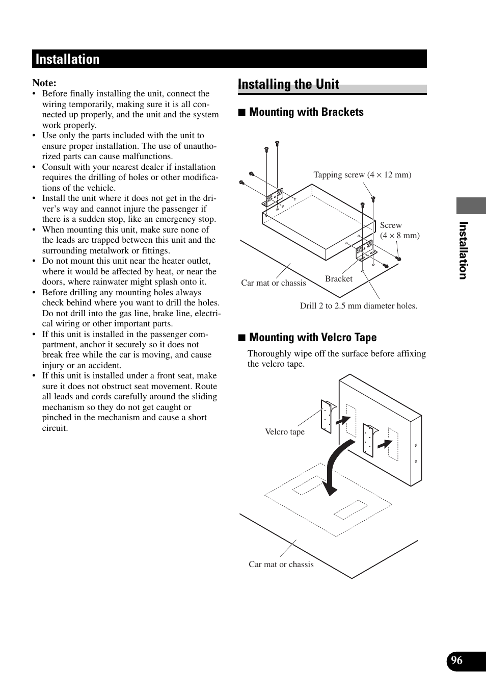 Installation, Installing the unit | Pioneer AVM-P8000R User Manual | Page 97 / 100