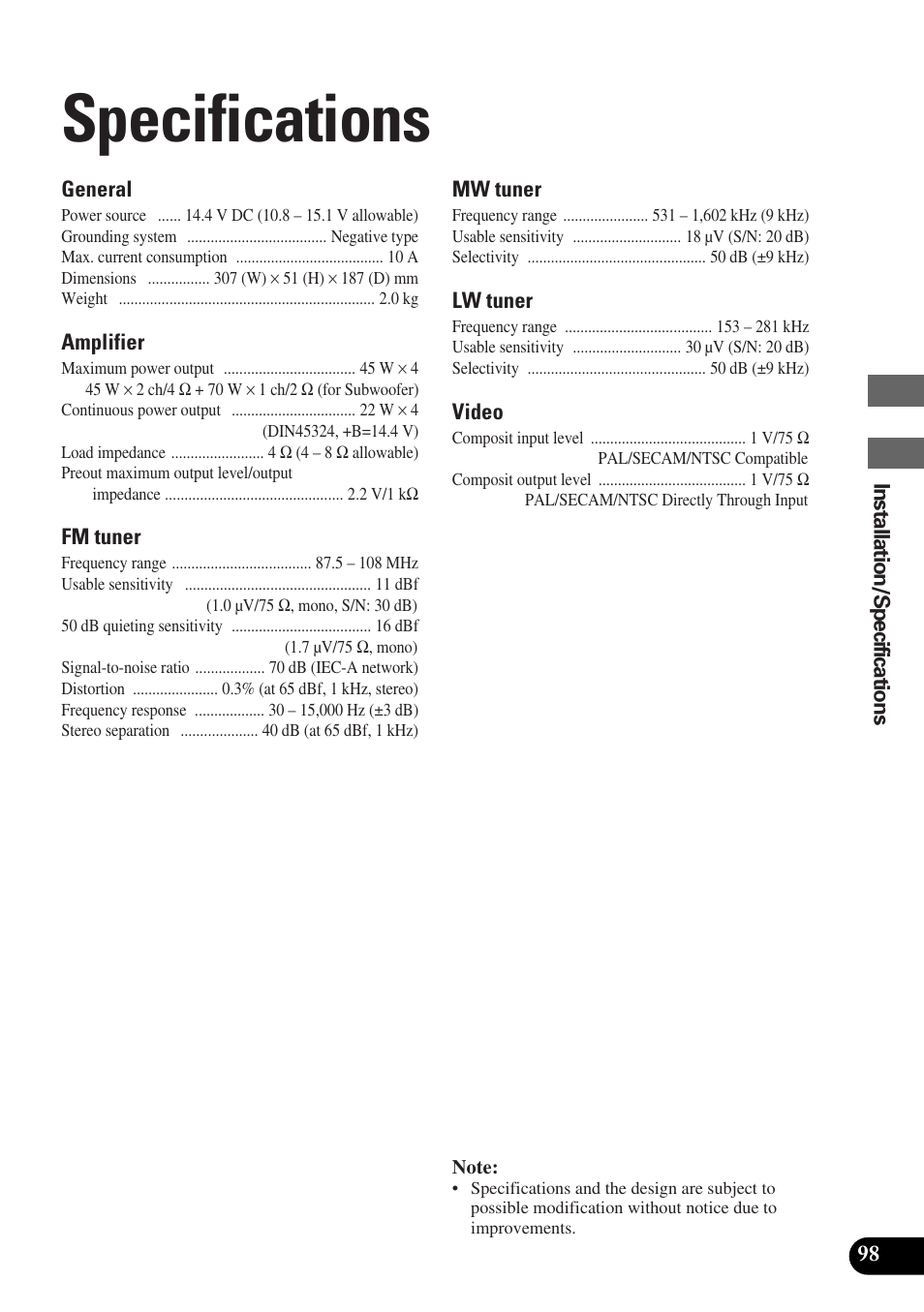 Specifications | Pioneer AVM-P8000R User Manual | Page 99 / 100