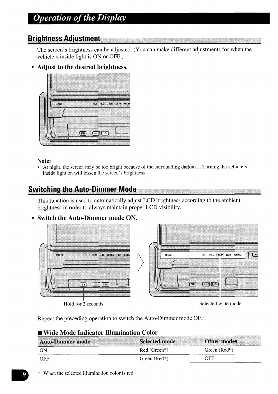 Brightness adjustment, Switching the auto-dimmer mode, Switch the auto-dimmer mode on | Operation of the display | Pioneer AVX-7000 User Manual | Page 10 / 100