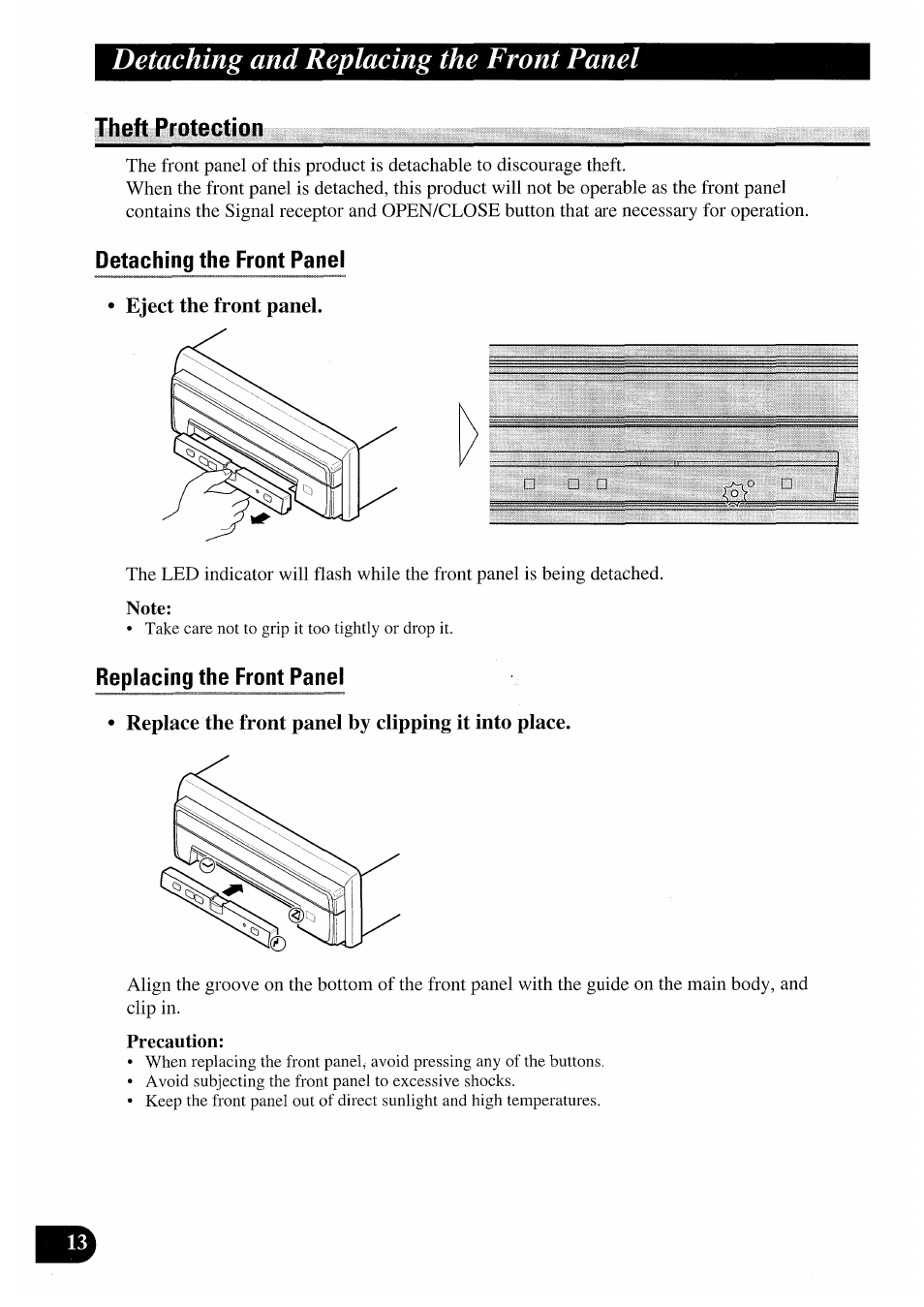 Theft protection, Eject the front panel, Replace the front panel by clipping it into place | Detaching and replacing the front panel | Pioneer AVX-7000 User Manual | Page 14 / 100