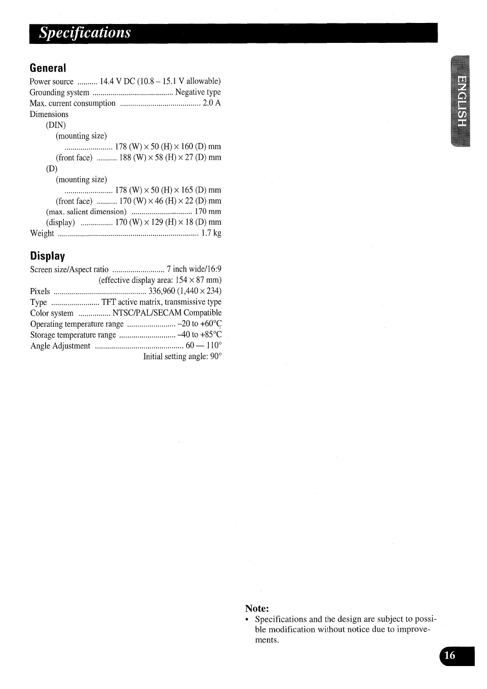 Note, Specifications | Pioneer AVX-7000 User Manual | Page 17 / 100