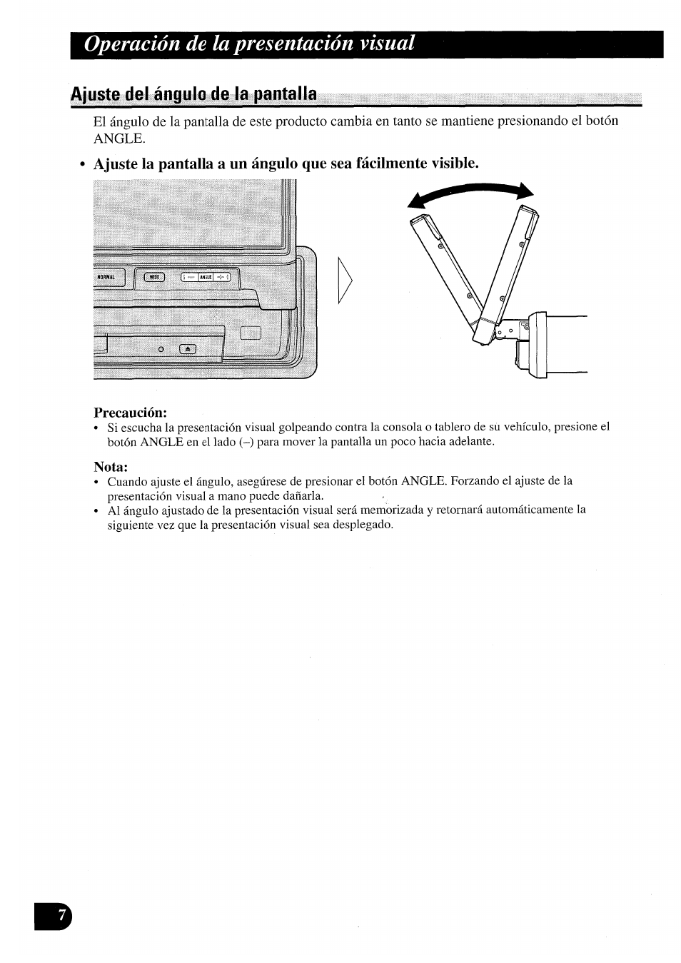 Ajuste del ángulo de la pantalla, Operación de la presentación visual | Pioneer AVX-7000 User Manual | Page 24 / 100