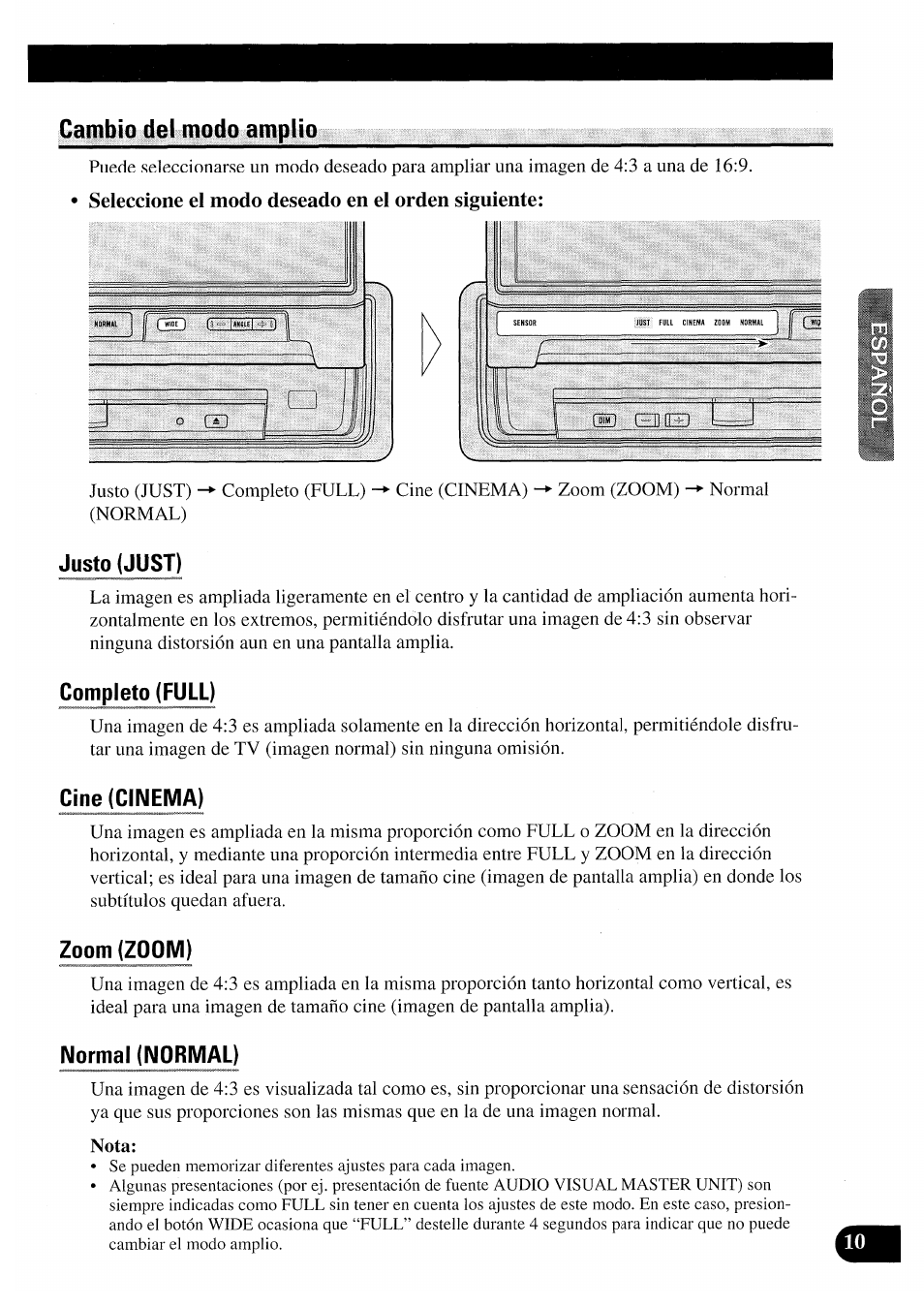 Cambio del modo amplio, Seleccione el modo deseado en el orden siguiente | Pioneer AVX-7000 User Manual | Page 27 / 100