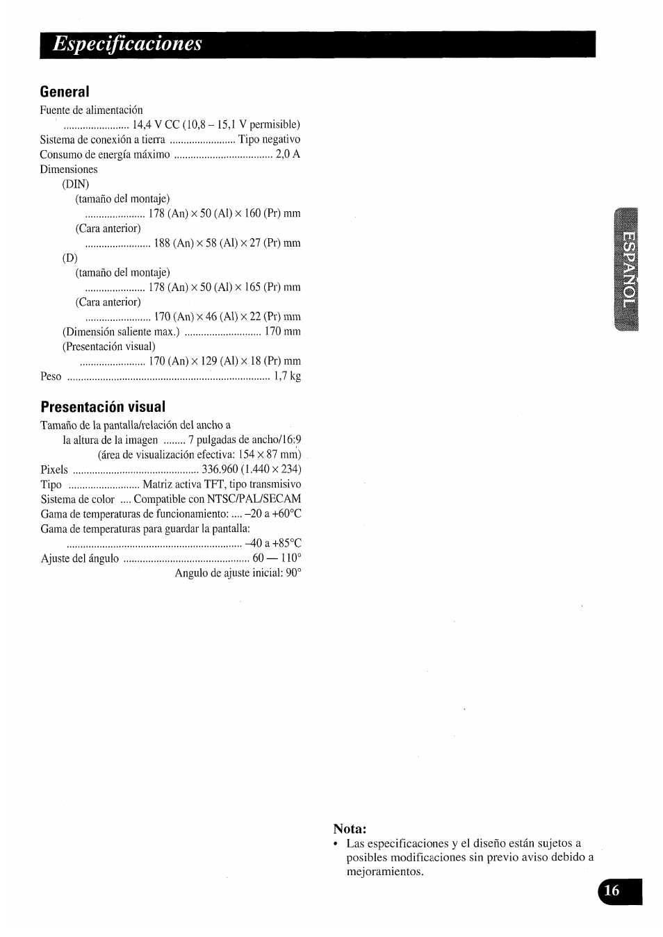 Nota, Especificaciones | Pioneer AVX-7000 User Manual | Page 33 / 100
