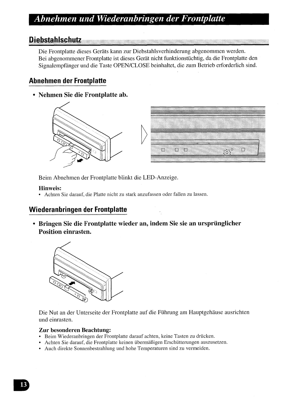 Diebstahlschutz, Nehmen sie die frontplatte ab, Hinweis | Zur besonderen beachtung, Abnehmen und wiederanbringen der frontplatte | Pioneer AVX-7000 User Manual | Page 46 / 100