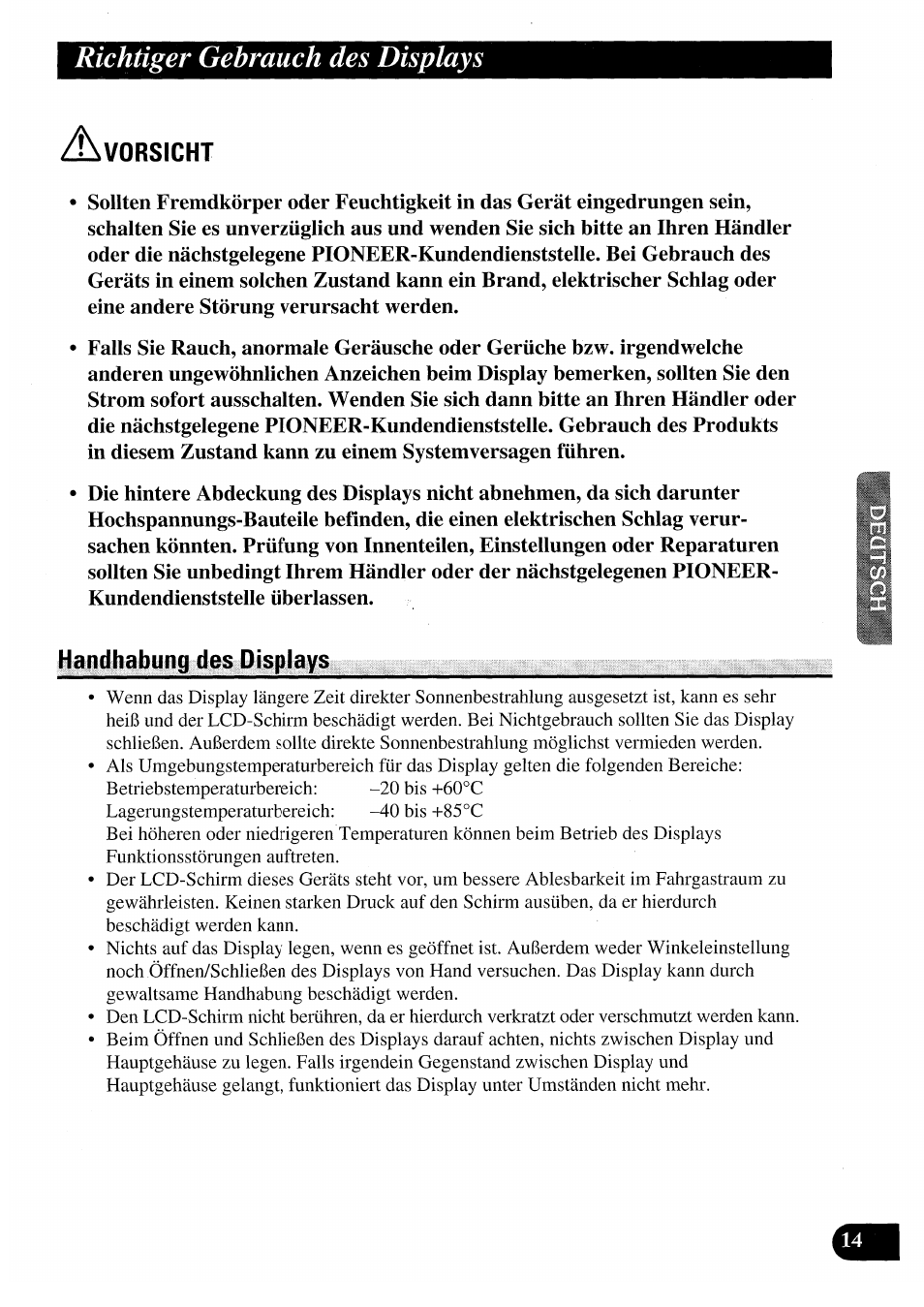 Handhabung des displays, Richtiger gebrauch des displays | Pioneer AVX-7000 User Manual | Page 47 / 100